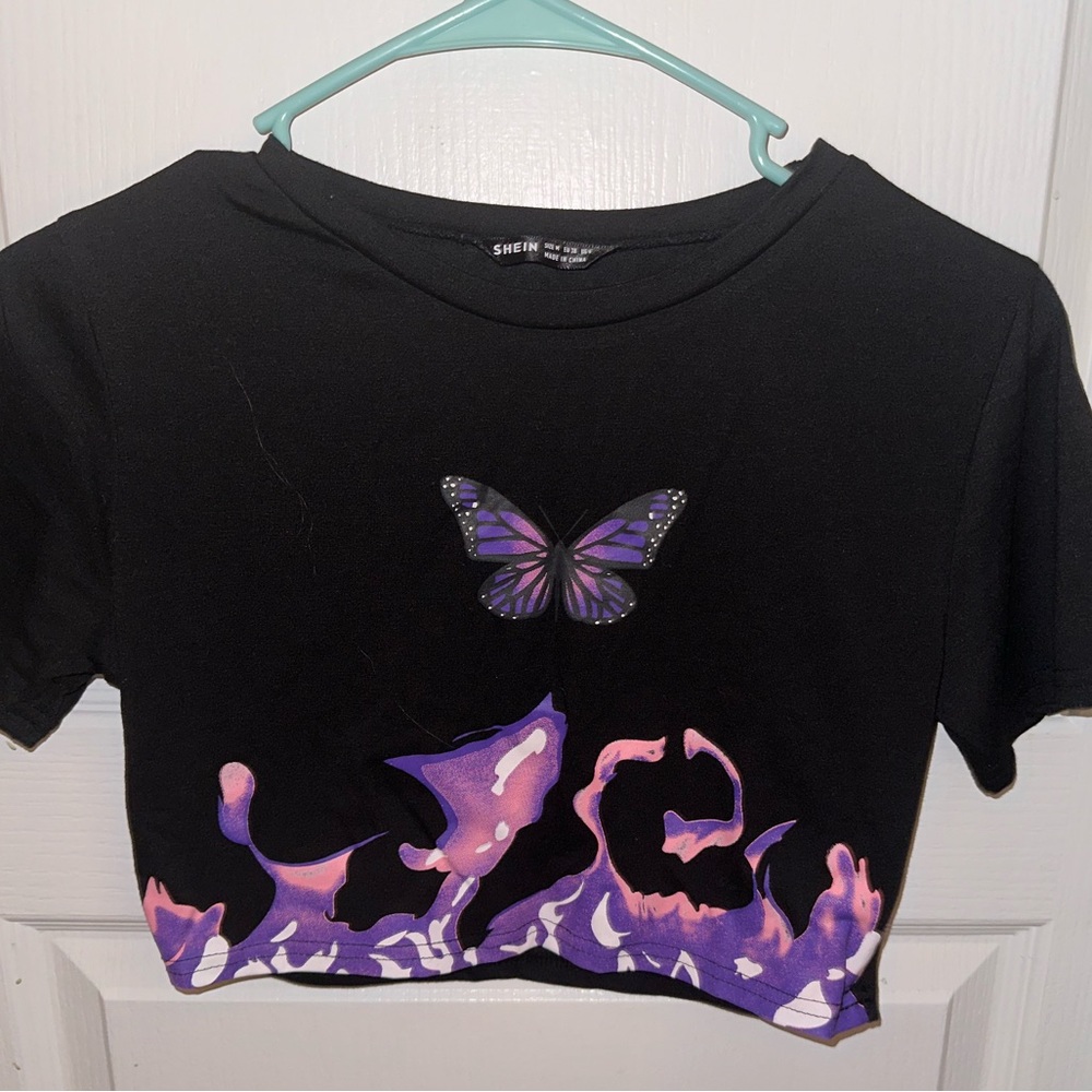 Purple butterfly and flames cropped tee from shein